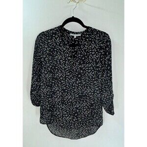 Women's Daniel Rainn Black White V-neck Roll Tab Sleeves Blouse Size XS